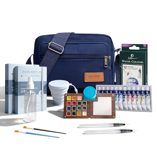 YCKJDYR Mini Watercolor Travel Set 12 Colors Portable Outdoor Art Kit with Walnut Wood 15Panel Palette Crossbody Bag Watercolor Journal Metal Clip Water Cup Brush Ideal for Artists Beginners - Image 1