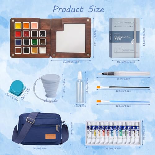 YCKJDYR Mini Watercolor Travel Set 12 Colors Portable Outdoor Art Kit with Walnut Wood 15Panel Palette Crossbody Bag Watercolor Journal Metal Clip Water Cup Brush Ideal for Artists Beginners - Image 3