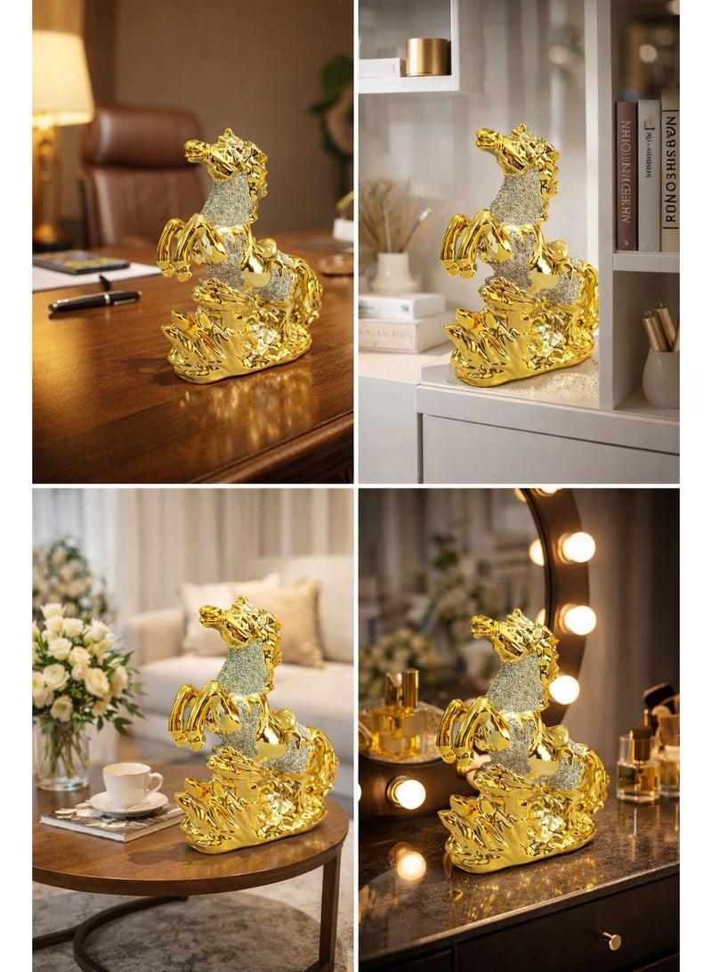 The Majestic Golden Stallion – Luxury Crystal-Inlaid Sculpture  Exude opulence and dynamic energy with this breathtaking equestrian masterpiece. This sculpture features a rearing horse crafted with a high-gloss gold finish, capturing the raw - Image 3