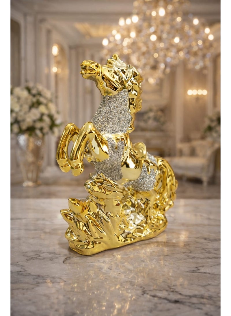 The Majestic Golden Stallion – Luxury Crystal-Inlaid Sculpture  Exude opulence and dynamic energy with this breathtaking equestrian masterpiece. This sculpture features a rearing horse crafted with a high-gloss gold finish, capturing the raw - Image 2
