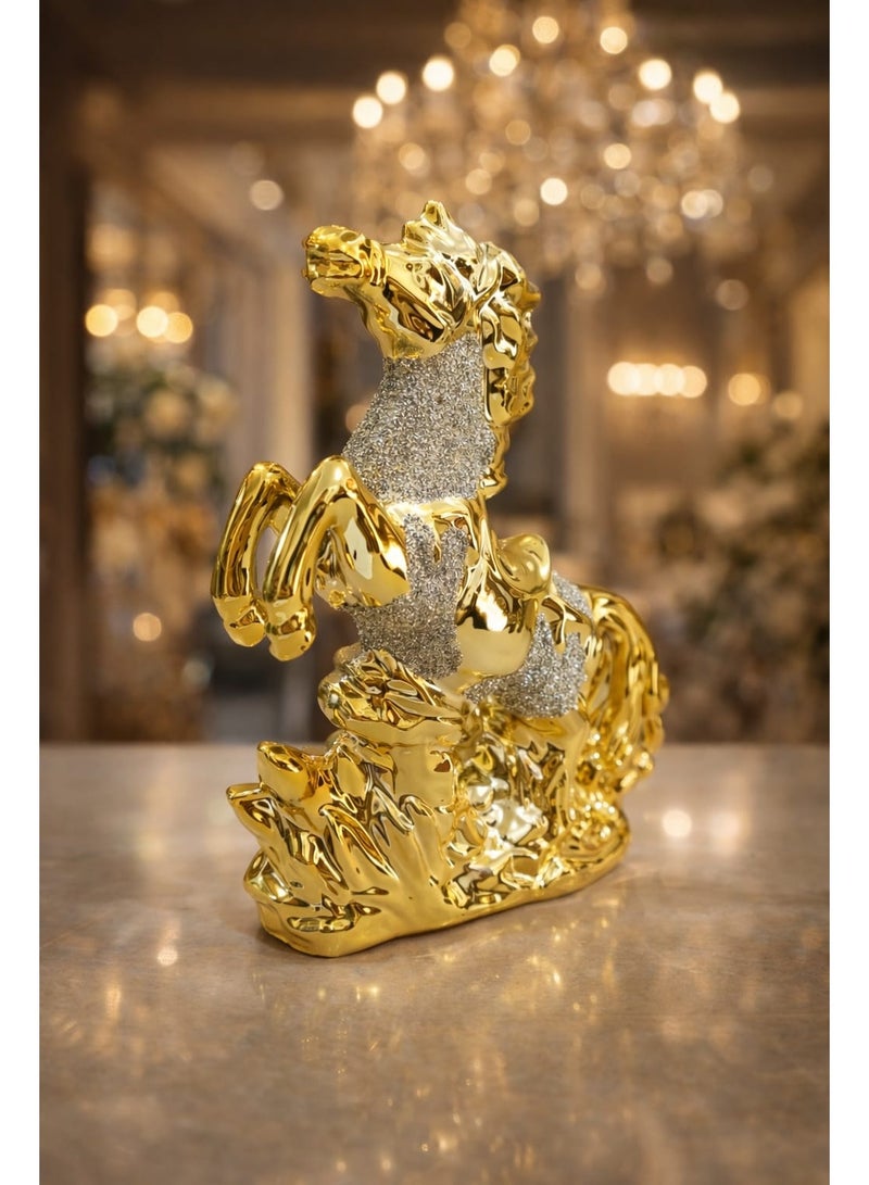 The Majestic Golden Stallion – Luxury Crystal-Inlaid Sculpture  Exude opulence and dynamic energy with this breathtaking equestrian masterpiece. This sculpture features a rearing horse crafted with a high-gloss gold finish, capturing the raw - Image 1