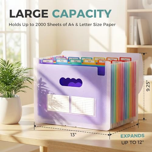 SKYDUE Accordion File Organizer Expanding File Folder with 12 Pockets Portable Document Paper Bill Receipt Organizer Home School Office Supplies Letter A4 Size Purple - Image 3