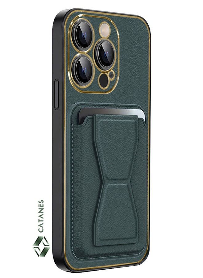 CATANES iPhone 14 Pro Case Cover Kickstand And Wallet Case Green - Image 4