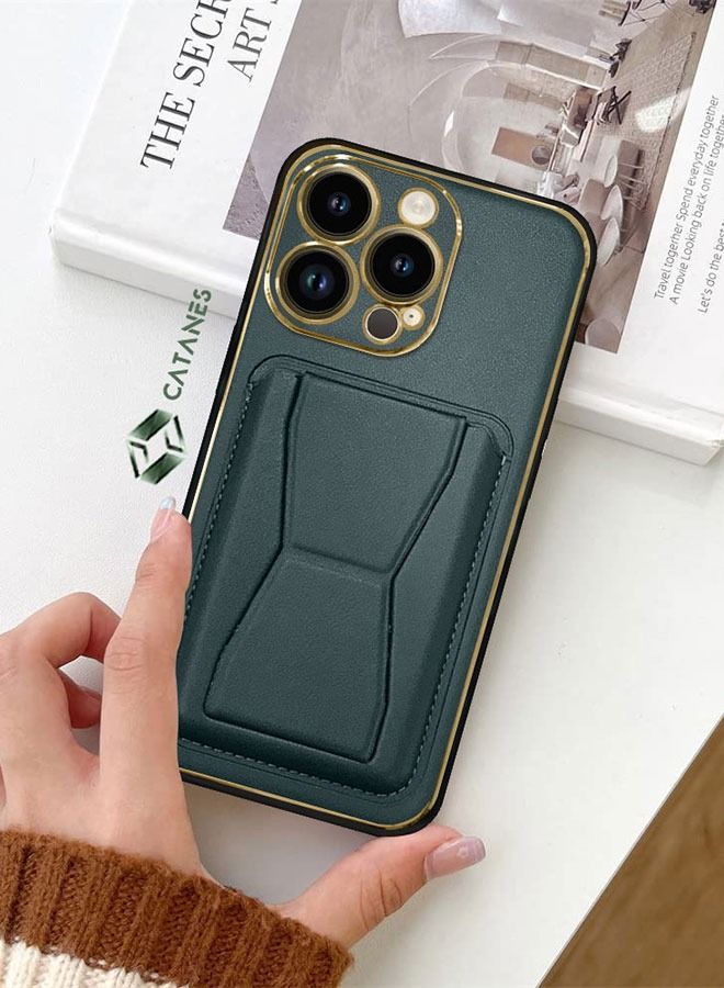 CATANES iPhone 14 Pro Case Cover Kickstand And Wallet Case Green - Image 5