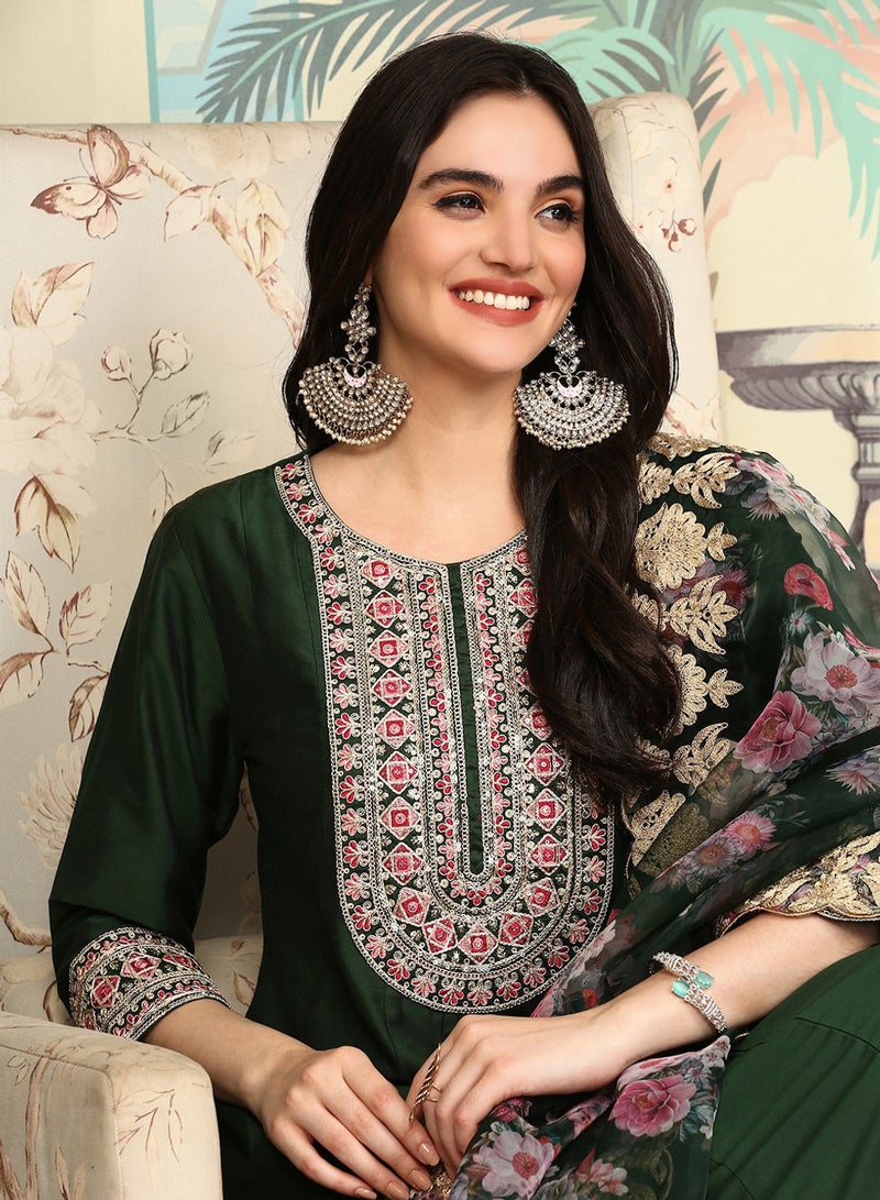 ISHIN Women's Dark Green Polyester Blend Embellished Tunic Full Length Casual Straight Fit Kurta Set - Image 2