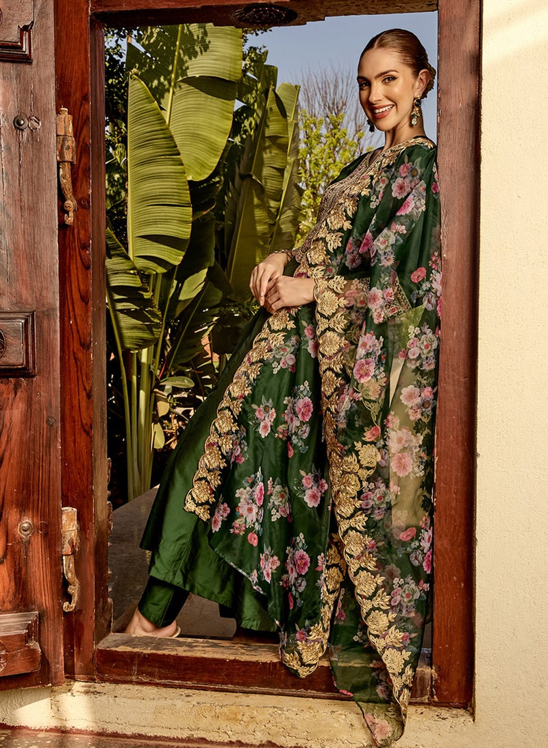 ISHIN Women's Dark Green Polyester Blend Embellished Tunic Full Length Casual Straight Fit Kurta Set - Image 1