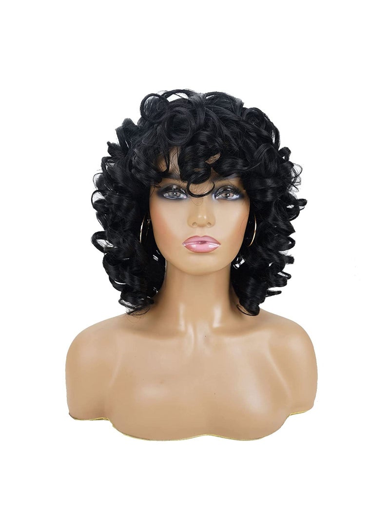 NIBEMINENT باروكة نسائية قصيرة مجعدة، باروكة سوداء ناعمة مجعدة كبيرة مع غرة، شعر أفريقي مجعد مقاوم للحرارة، مظهر طبيعي، باروكة صناعية - Image 1
