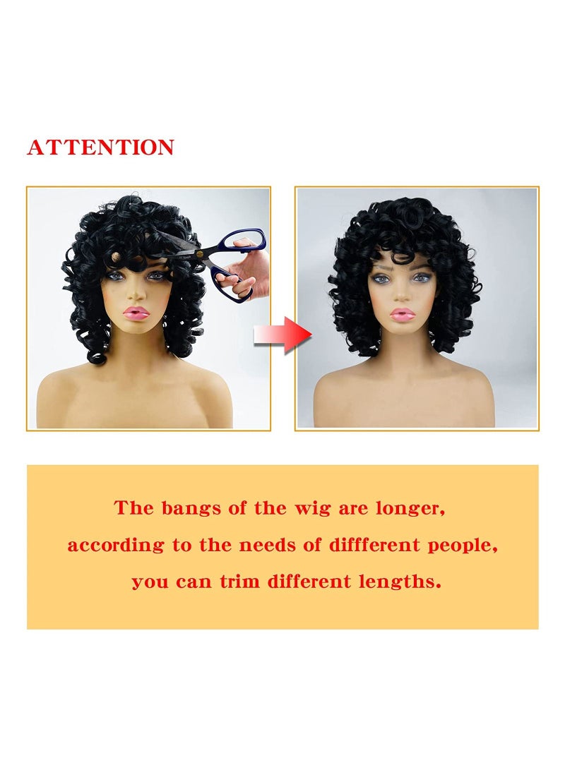 NIBEMINENT باروكة نسائية قصيرة مجعدة، باروكة سوداء ناعمة مجعدة كبيرة مع غرة، شعر أفريقي مجعد مقاوم للحرارة، مظهر طبيعي، باروكة صناعية - Image 5
