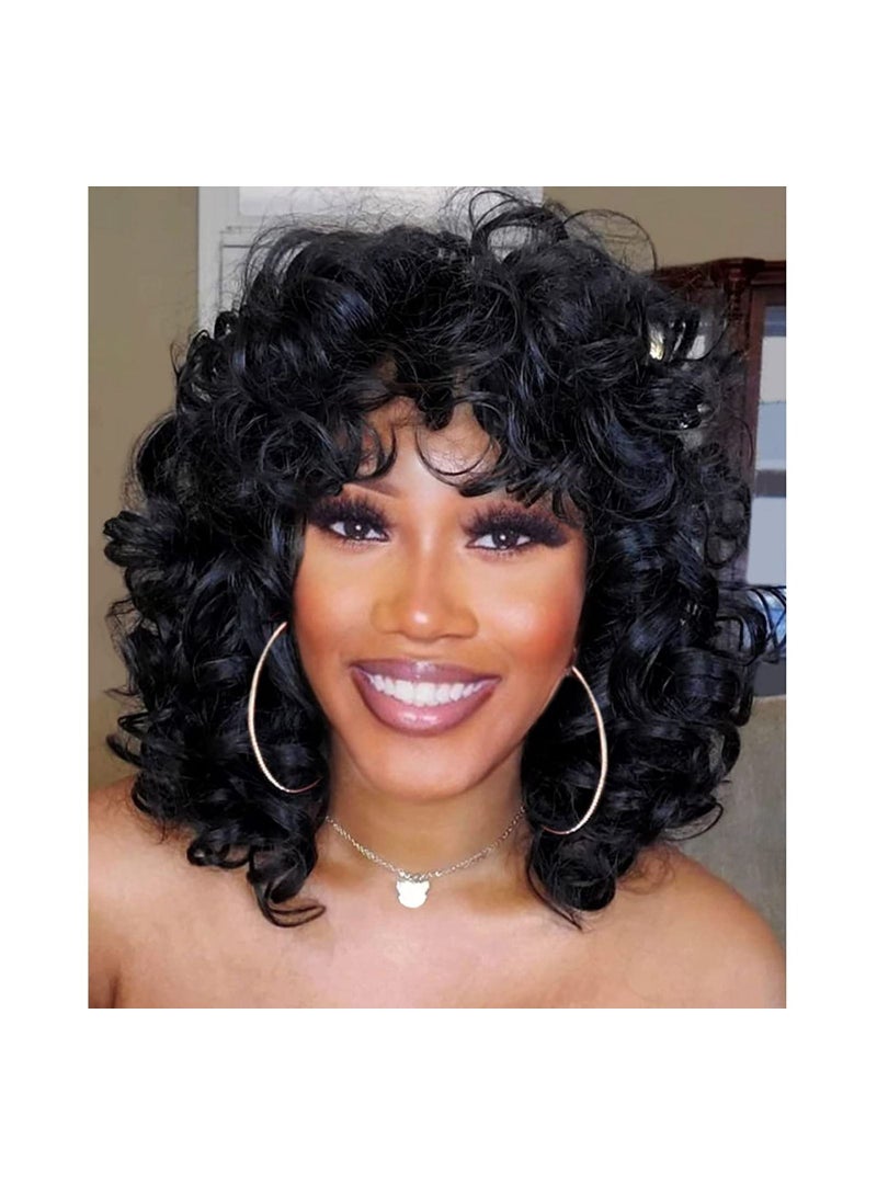 NIBEMINENT باروكة نسائية قصيرة مجعدة، باروكة سوداء ناعمة مجعدة كبيرة مع غرة، شعر أفريقي مجعد مقاوم للحرارة، مظهر طبيعي، باروكة صناعية - Image 2