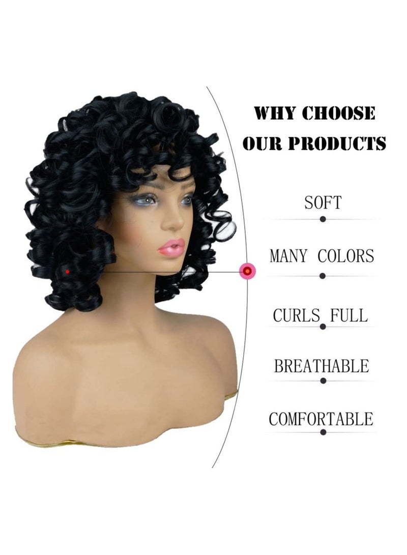 NIBEMINENT باروكة نسائية قصيرة مجعدة، باروكة سوداء ناعمة مجعدة كبيرة مع غرة، شعر أفريقي مجعد مقاوم للحرارة، مظهر طبيعي، باروكة صناعية - Image 3
