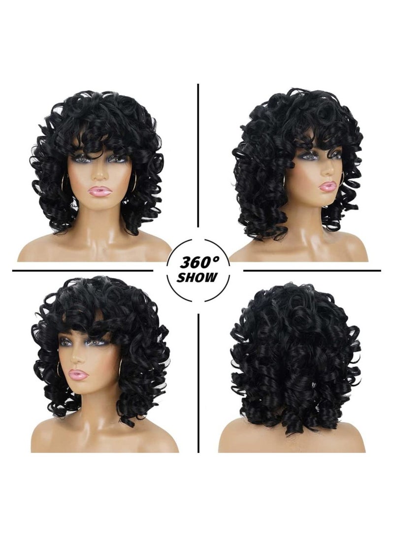 NIBEMINENT باروكة نسائية قصيرة مجعدة، باروكة سوداء ناعمة مجعدة كبيرة مع غرة، شعر أفريقي مجعد مقاوم للحرارة، مظهر طبيعي، باروكة صناعية - Image 4