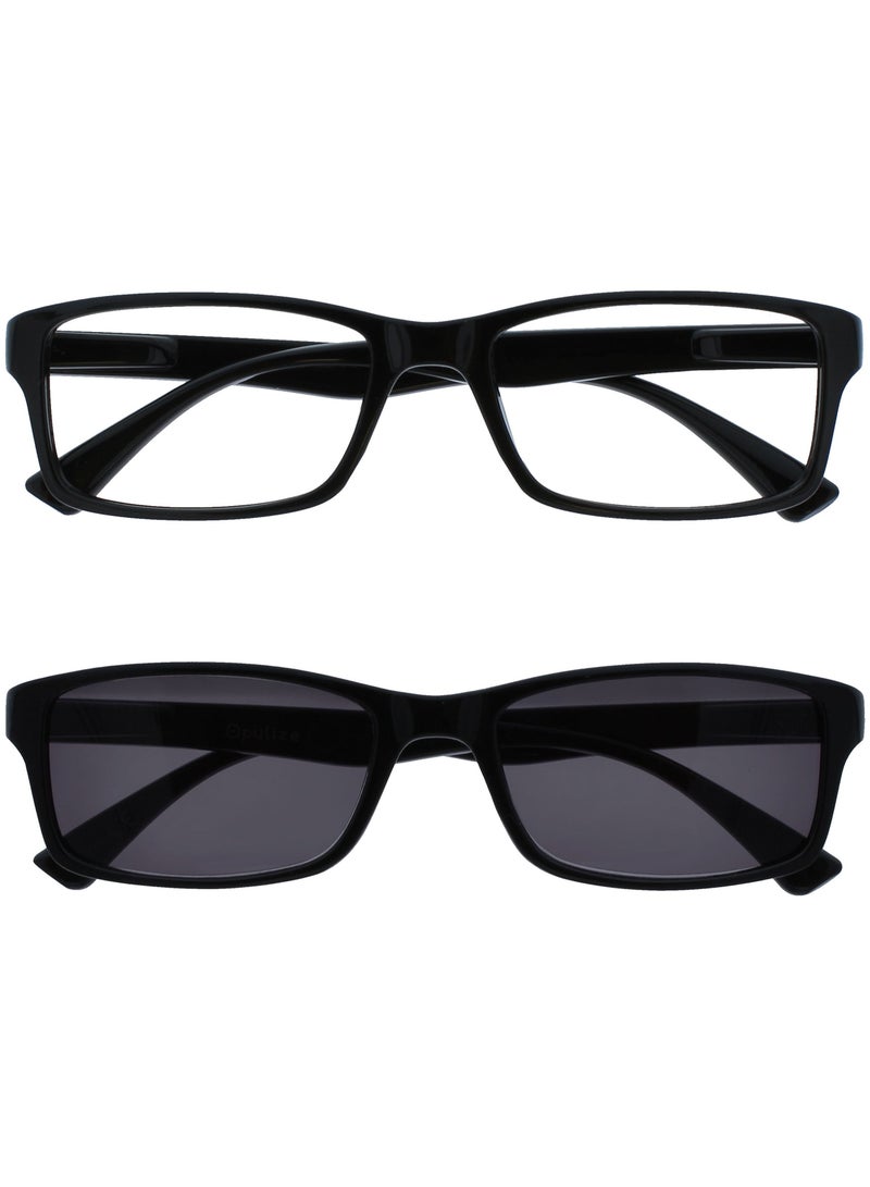 OPULIZE PEP Reading Glasses for Women Men With Reading Sunglasses  - Value 2 Pack - Large Rectangular Designer Frame - Tinted UV400 Protection Lens - Black With Black Sun Specs +2.00 - Image 1