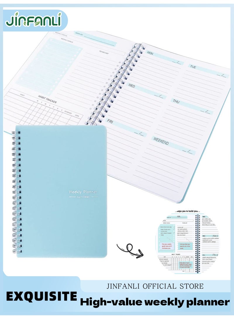 جين فان ل أنا مخطط أسبوعي بدون تاريخ، دفتر أهداف أسبوعية A5، دفتر يوميات لتتبع العادات، مخطط قائمة مهام حلزوني، مخطط تتبع وأهداف، 8.3 بوصة × 5.8 بوصة، أزرق - Image 1