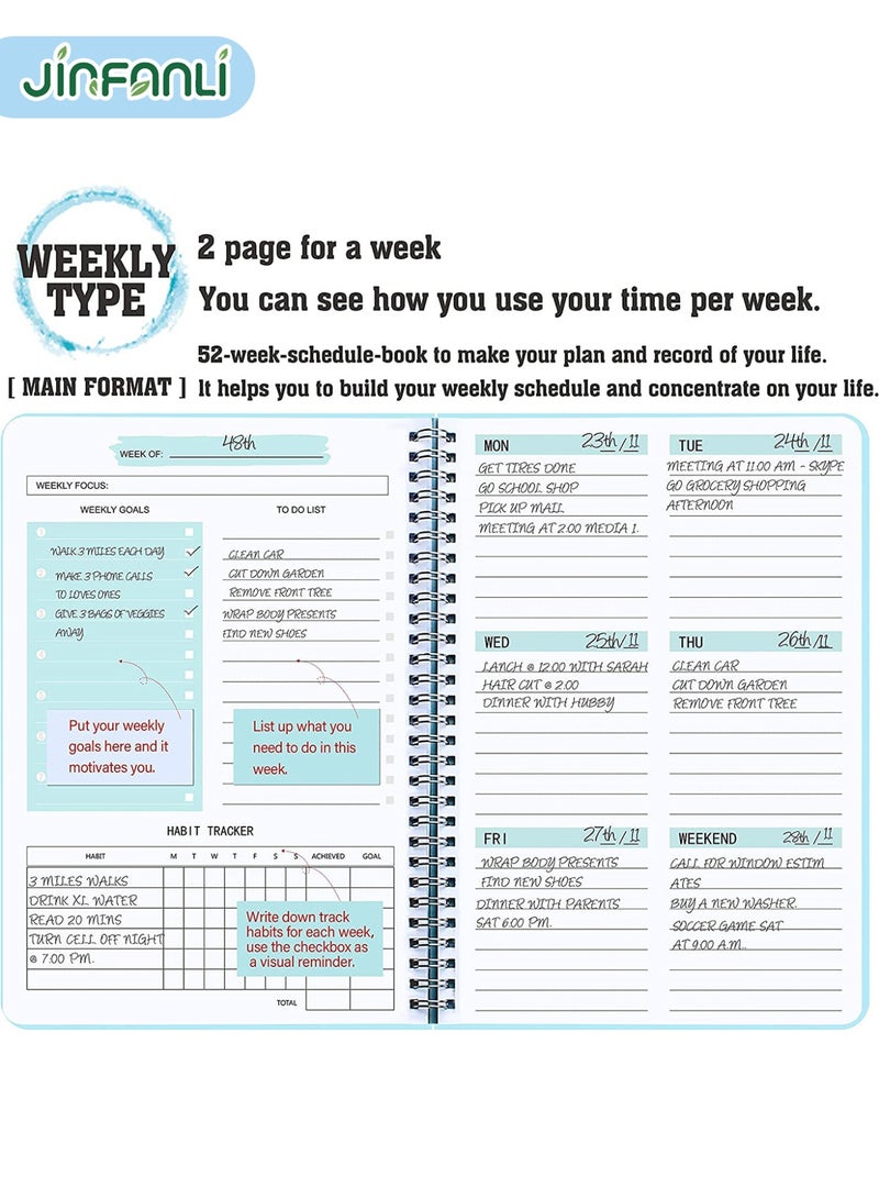 جين فان ل أنا مخطط أسبوعي بدون تاريخ، دفتر أهداف أسبوعية A5، دفتر يوميات لتتبع العادات، مخطط قائمة مهام حلزوني، مخطط تتبع وأهداف، 8.3 بوصة × 5.8 بوصة، أزرق - Image 2