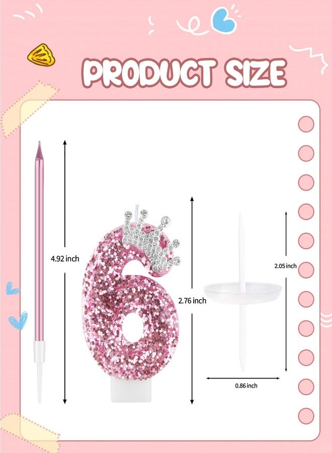 HSONLINE Birthday Candles for Cake, Pink Number Candles, Cake Candles with Greeting Card for Birthday Party Wedding Anniversary Celebrations (6 Candle, Silver Crown) - Image 2