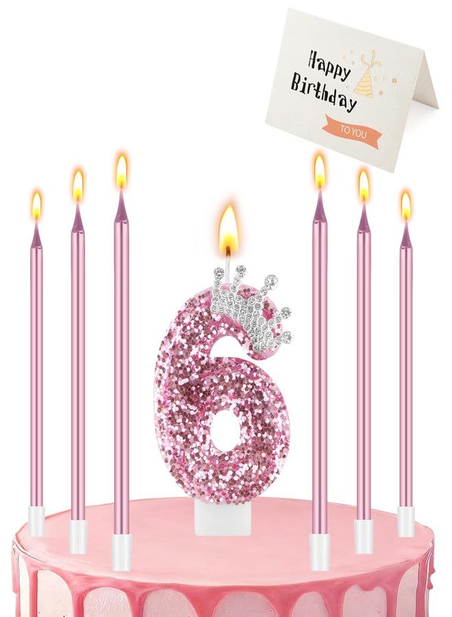 HSONLINE Birthday Candles for Cake, Pink Number Candles, Cake Candles with Greeting Card for Birthday Party Wedding Anniversary Celebrations (6 Candle, Silver Crown) - Image 1