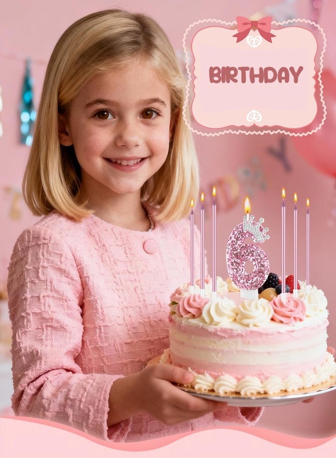 HSONLINE Birthday Candles for Cake, Pink Number Candles, Cake Candles with Greeting Card for Birthday Party Wedding Anniversary Celebrations (6 Candle, Silver Crown) - Image 3