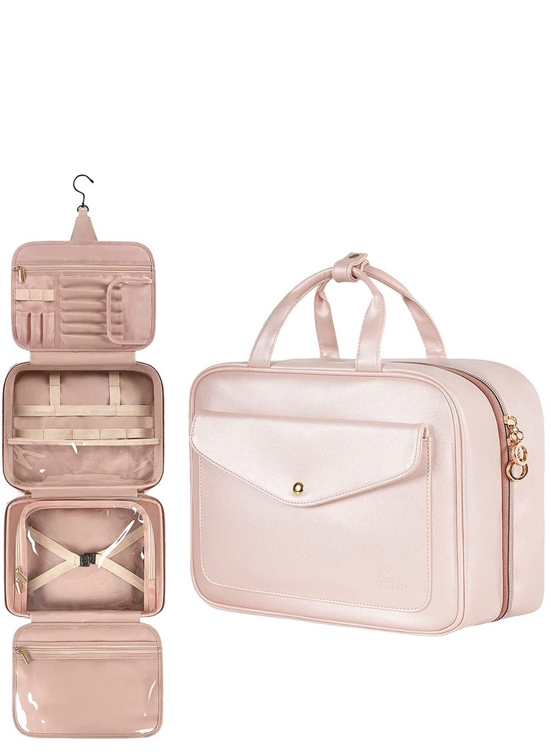 SOLARAE Toiletry Bag, Hanging Travel Makeup Bag for Women, Large Waterproof Cosmetic Bags Travel Organizer Full Sized Container with Elastic Band Holders for Toiletries, Cosmetics, Brushes, Bottle, Pink - Image 1