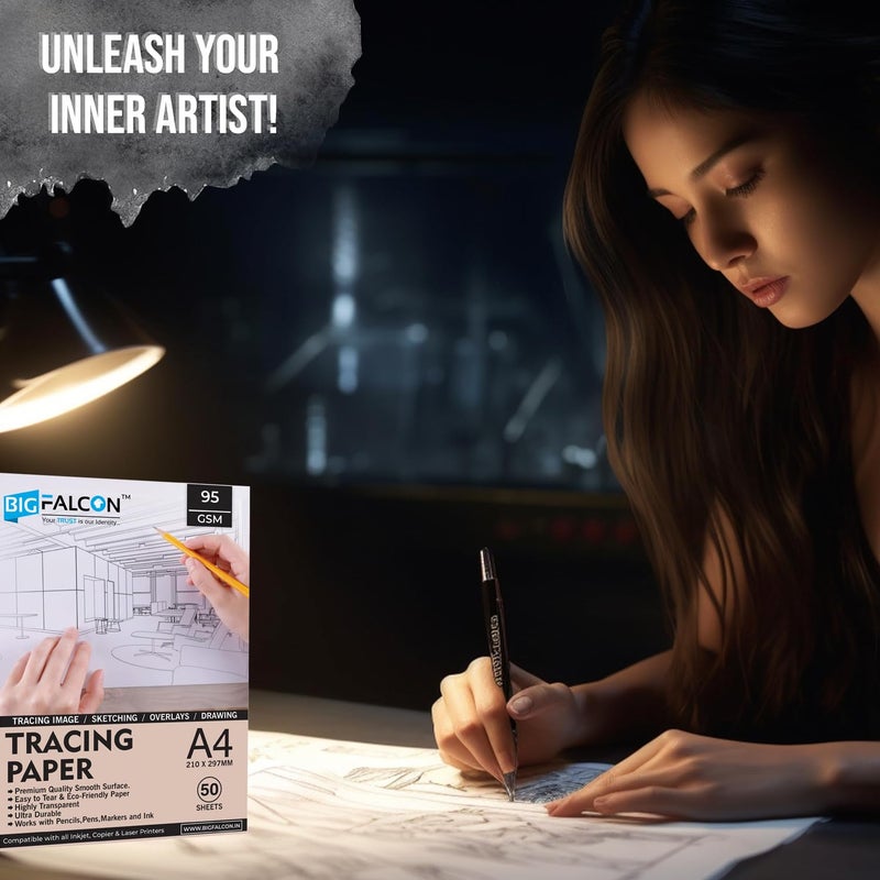 BIGFALCON ورق تتبع فني متميز من بيغ فالكون 100 ورقة A4 (210X297mm) بحجم 95 GSM شفاف للرسم بالقلم الرصاص، والماكر، والحبر، وصنع الصور، والرسومات، والطوابع/الشاشات لطابعات الحبر/الليزر - Image 4