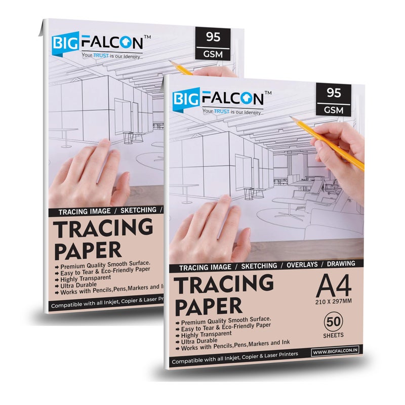 BIGFALCON ورق تتبع فني متميز من بيغ فالكون 100 ورقة A4 (210X297mm) بحجم 95 GSM شفاف للرسم بالقلم الرصاص، والماكر، والحبر، وصنع الصور، والرسومات، والطوابع/الشاشات لطابعات الحبر/الليزر - Image 1