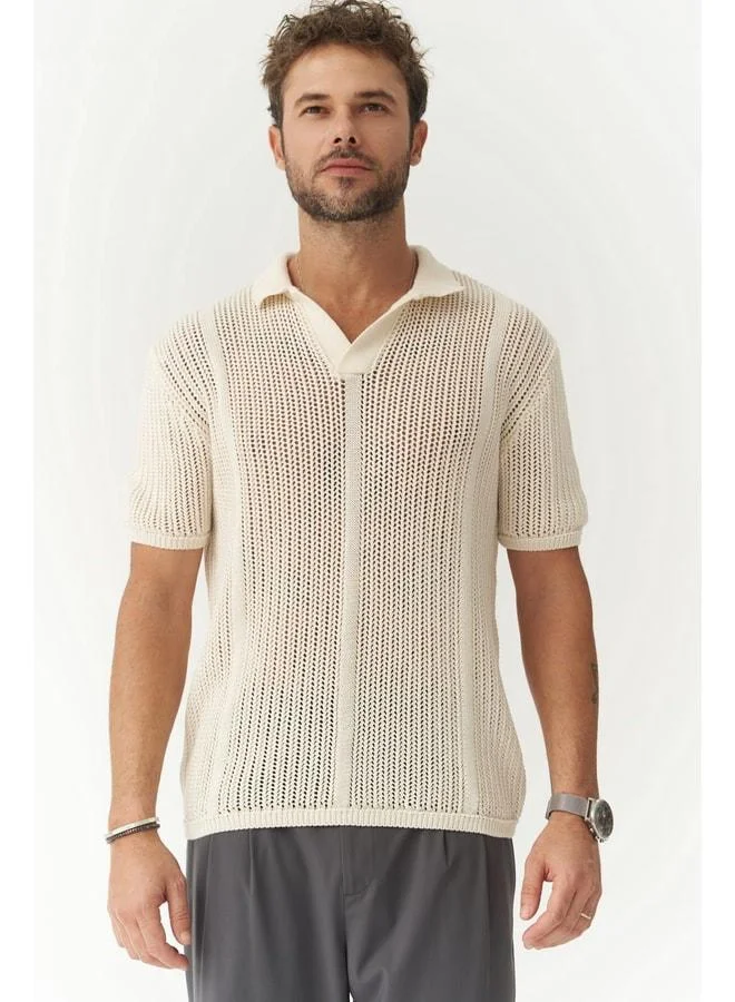Looke Men's Striped Detail Ecru Tricot T‑shirt.