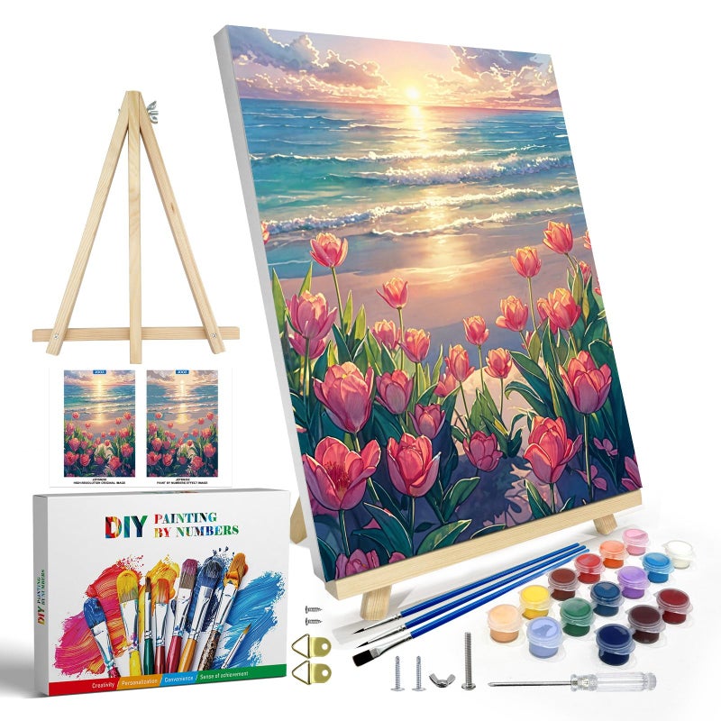 JOOZ Paint by Numbers Kit for Adults with Frame Flowers Paint by Numbers for Adults Seaside Sunset Paint by Number with Easel DIY Tulip Oil Painting Kit for Home Wall Decor 8 x 12 Inch