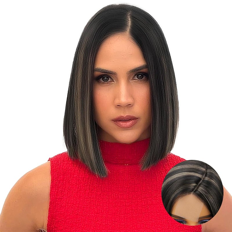 forfeels forfeels Black Bob Wig 10 Inch Short Straight Synthetic Wig with Side Part Heat Resistant Natural Looking Wig with Ash Blonde Highlights for Womens Daily Wear and Special Events 