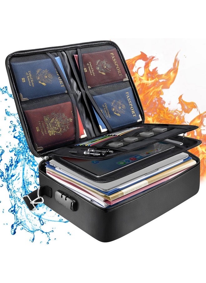 Fireproof Document Bag With Lock, Portable Waterproof Fire Proof File Organizer Box, File Storage Bag Safe Box For Important Paperwork (Black)