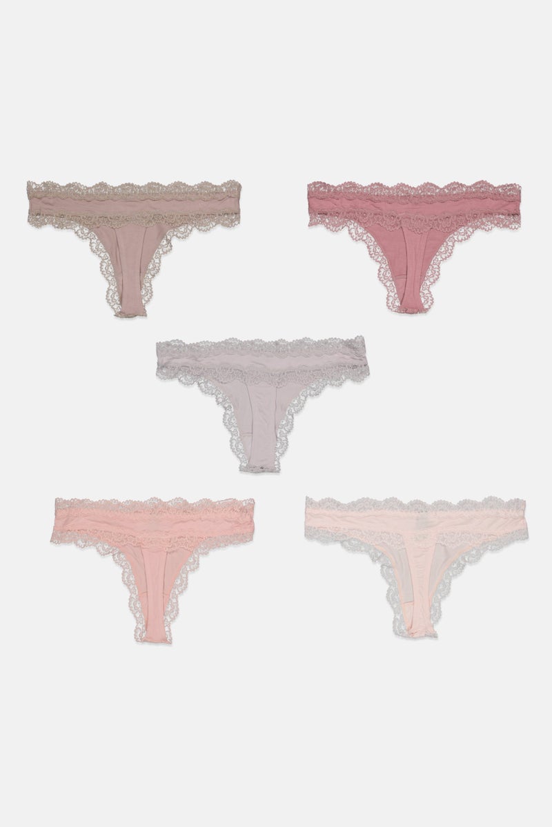 Tahari Women 5 Pieces Laced Pull On Thong Panties, Pink  - Image 2