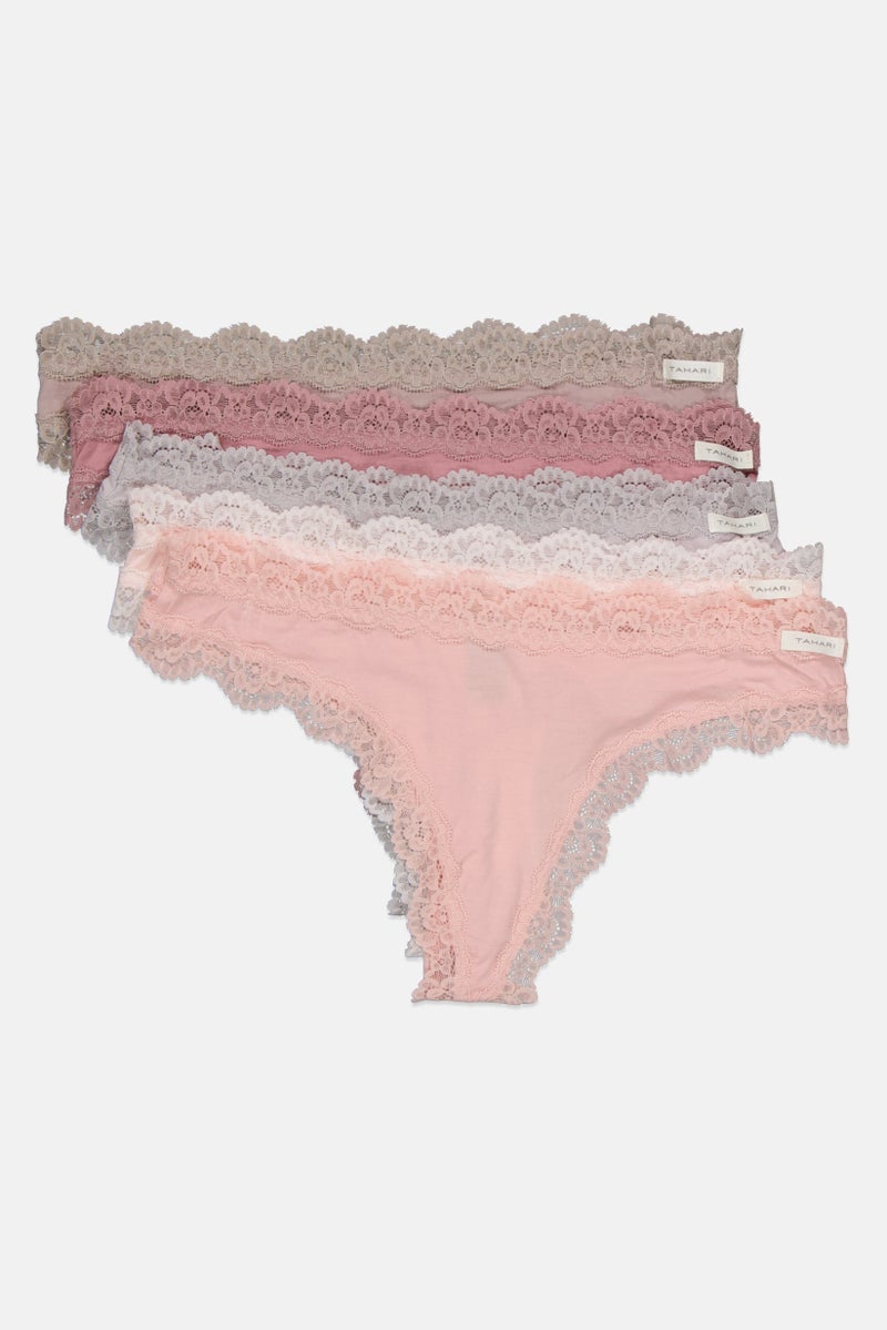 Tahari Women 5 Pieces Laced Pull On Thong Panties, Pink  - Image 3
