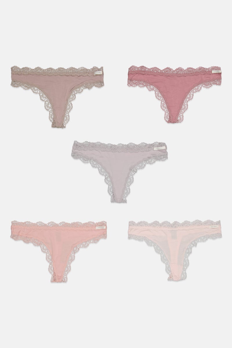 Tahari Women 5 Pieces Laced Pull On Thong Panties, Pink  - Image 1