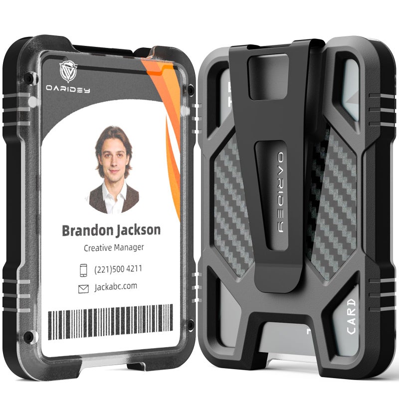 Oaridey ID Badge Holder with Metal Clip, Heavy Duty ID Card Holder Holds 5 Cards, ID Holder for Work, Carbon Fiber Bagde Wallet for School, Police, Office & Travel. - Image 1
