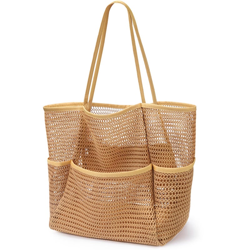 KPX Mesh Beach Bag, Tote Bag for Women Large Foldable Mesh Swimming Bag with Pockets - Sandproof, Waterproof (Khaki) - Image 1