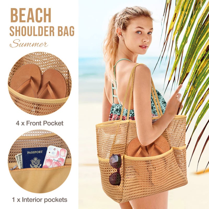 KPX Mesh Beach Bag, Tote Bag for Women Large Foldable Mesh Swimming Bag with Pockets - Sandproof, Waterproof (Khaki) - Image 4