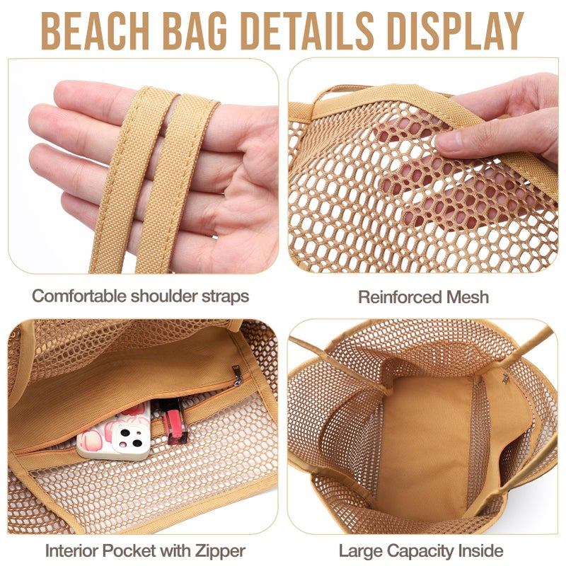 KPX Mesh Beach Bag, Tote Bag for Women Large Foldable Mesh Swimming Bag with Pockets - Sandproof, Waterproof (Khaki) - Image 5