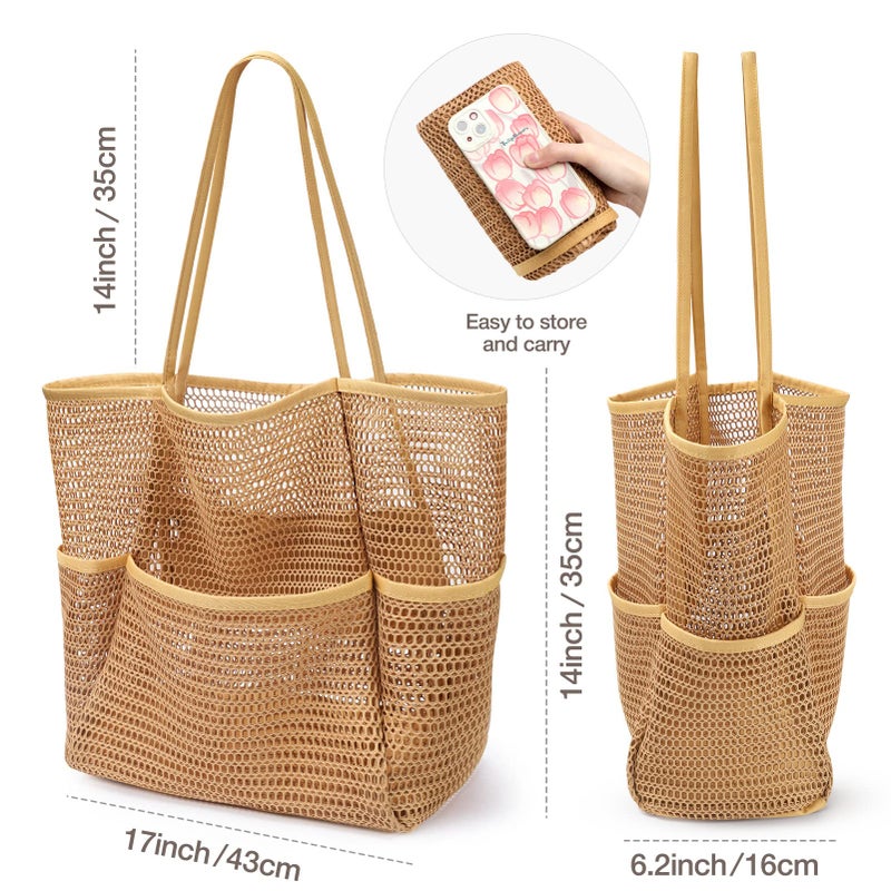 KPX Mesh Beach Bag, Tote Bag for Women Large Foldable Mesh Swimming Bag with Pockets - Sandproof, Waterproof (Khaki) - Image 2