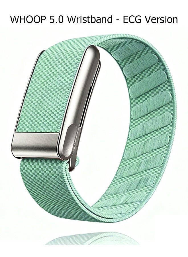 Nylon Sports Strap with Whoop 5.0 Strap - Compatible with One & Peak - Breathable Nylon Adjustable Waterproof Replacement Wrist Strap - For Fitness, Activity, Sleep, Wearables - For Whoop 5.0 - Lotus Leaf Green/Titanium Frame/Electrocardiogram Model