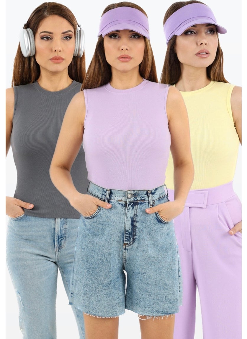 Ritnice - Women's Closed Collar 3-Pack Cotton Lilac, Anthracite, Yellow Plain Sleeve Ribbed Undershirt - Image 1