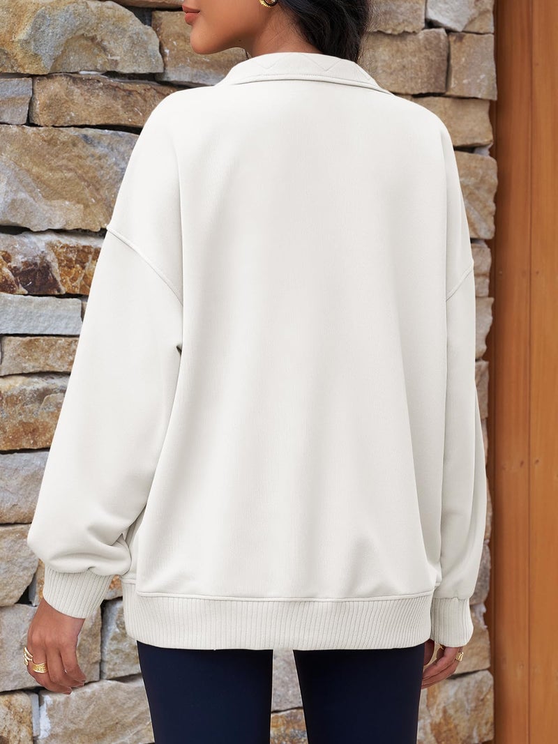 Fisoew Womens Oversized Sweatshirts Casual Long Sleeve Snap Button Henley Neck Loose Fit Fall Pullover Tops White - Image 4