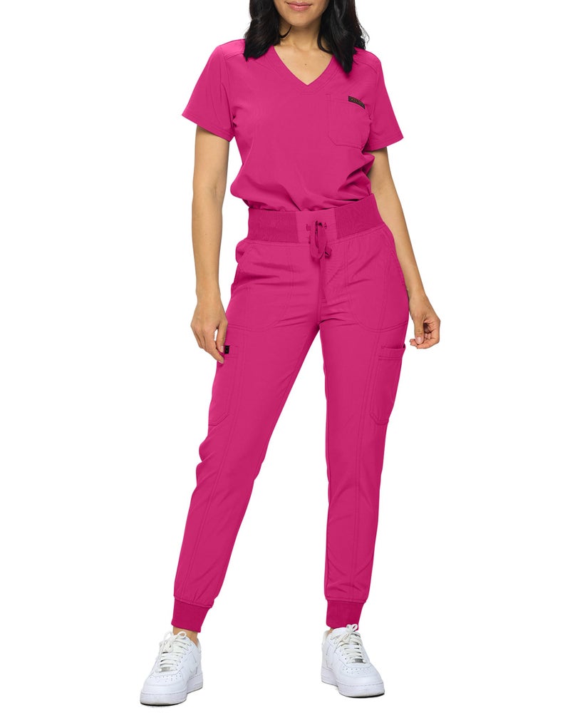 Monarch Uniforms Slim Fit Stretchy Scrubs Womens Jogger Scrub Set Slim Jogger Scrubs with TuckIn Top for Women HOT PINKS
