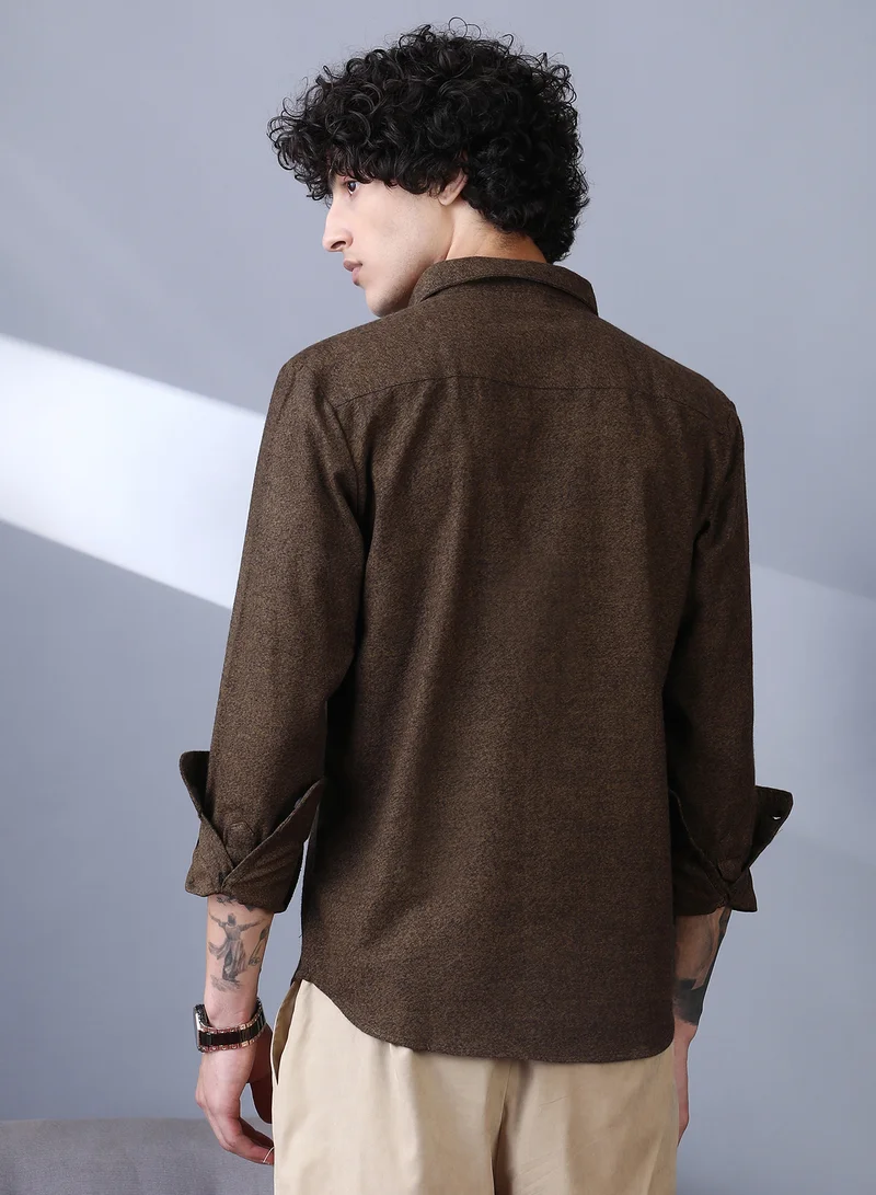 Campus Sutra Campus Sutra Men's Coffee Brown Solid Regular Shirt For Casual Wear | Spread Collar | Long Cuffed Sleeves | Button Closure | Shirt Crafted With Comfort Fit For Everyday Wear