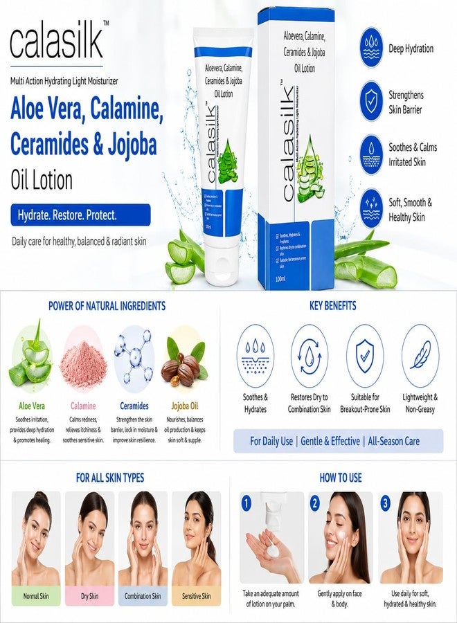 Cala Silk Aloevera, Calamine, Ceramides & Jojoba Oil Lotion, Multi Action Hydrating Light Moisturiser, 100ml - Image 3