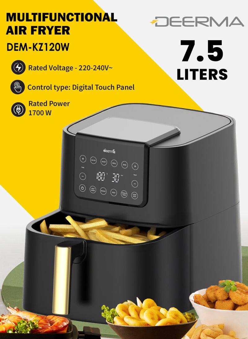Deerma Digital Air Fryer, LED Display, Oil-Free Fryer, Non-Stick Cooking Tray,Temperature Control Up to 200°C & 14 Buttons Easy Navigation Space-Saving Slim Design 7.5 L 1700 W DEM-KZ120W Black - Image 1