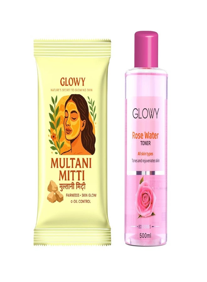 Glowy Multani Mitti Face Pack with Rose Water Toner, Natural Clay Mask for Skin Brightening and Oil Control, 100% Natural - Image 1