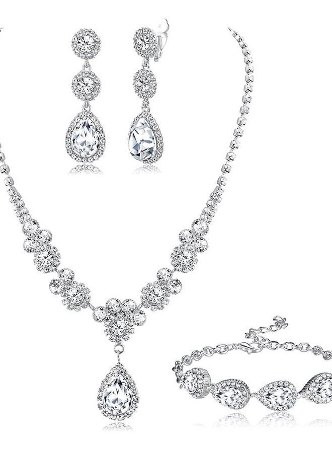 Jstyle Rhinestone Bridal Jewelry Set Necklace Bracelet Clip On Earrings for Brides Bridesmaid Cluster Crystal Teardrop Pendants Jewelry Set for Wedding Prom, 17.7 inches, Metal, Cubic Zirconia - Image 1