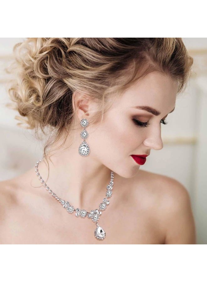 Jstyle Rhinestone Bridal Jewelry Set Necklace Bracelet Clip On Earrings for Brides Bridesmaid Cluster Crystal Teardrop Pendants Jewelry Set for Wedding Prom, 17.7 inches, Metal, Cubic Zirconia - Image 4