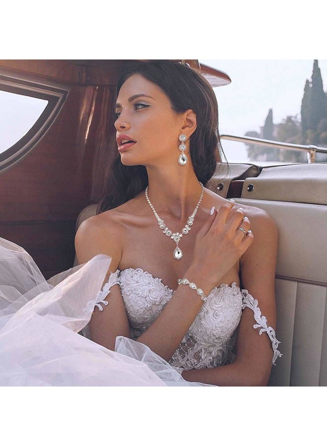 Jstyle Rhinestone Bridal Jewelry Set Necklace Bracelet Clip On Earrings for Brides Bridesmaid Cluster Crystal Teardrop Pendants Jewelry Set for Wedding Prom, 17.7 inches, Metal, Cubic Zirconia - Image 3