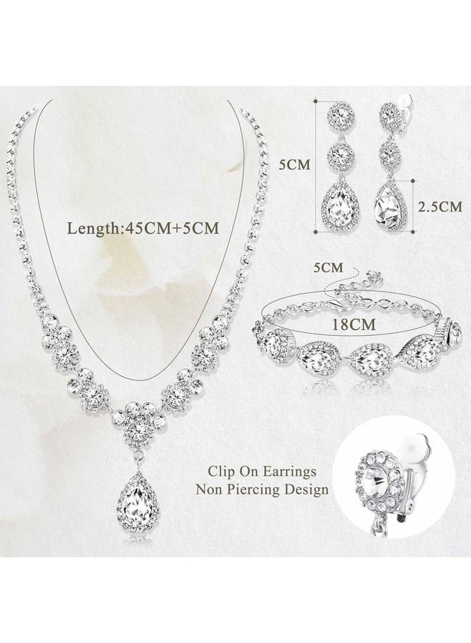 Jstyle Rhinestone Bridal Jewelry Set Necklace Bracelet Clip On Earrings for Brides Bridesmaid Cluster Crystal Teardrop Pendants Jewelry Set for Wedding Prom, 17.7 inches, Metal, Cubic Zirconia - Image 2