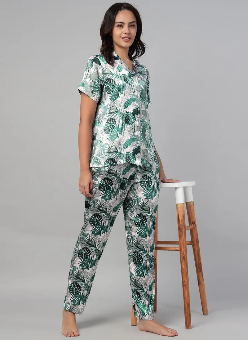 Clovia Clovia Leaf Print Button-Down Shirt & Pyjama Set in Light Green - Satin