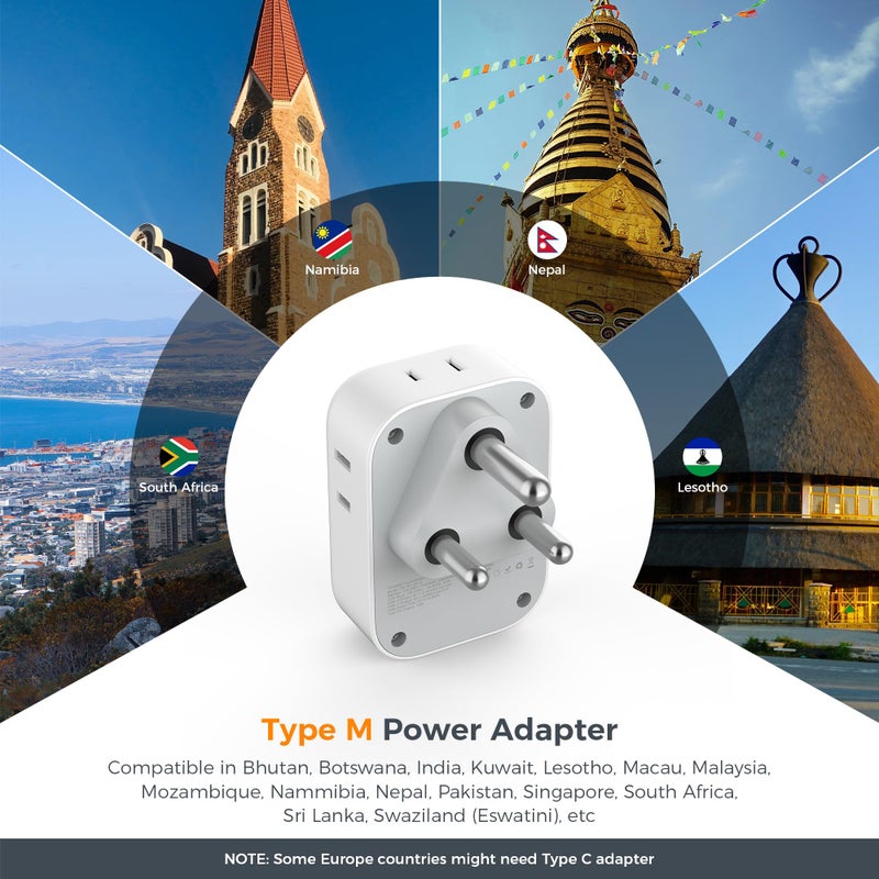 TESSAN محول كهربائي من نوع M من جنوب أفريقيا 2 حزمة، محول طاقة TESSAN مع 4 مآخذ AC و 3 منافذ USB (1 USB C)، محول سفر من الولايات المتحدة إلى بوتسوانا وناميبيا ونيبال وبهوتان - Image 2